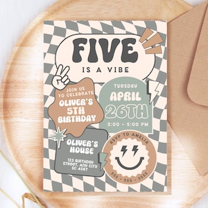 Five Is a Vibe Birthday Invitation Smiley Retro Invite 5th Birthday Boy Invite Retro Checkered Smiley Face Invitations Canva Printable image 9