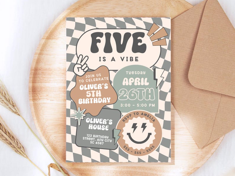 Five Is a Vibe Birthday Invitation Smiley Retro Invite 5th Birthday Boy Invite Retro Checkered Smiley Face Invitations Canva Printable image 9