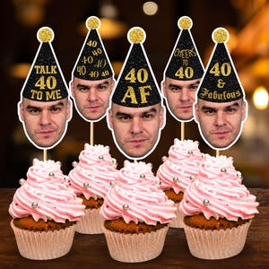 40th Birthday Custom Face Cupcake Toppers Personalized Black Gold Party Hat Cupcake Face Topper 40th Birthday Decor Digital File PH2