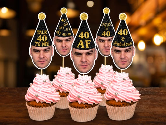 40th Birthday Custom Face Cupcake Toppers Personalized Black Gold Party Hat Cupcake Face Topper 40th Birthday Decor Digital File PH2