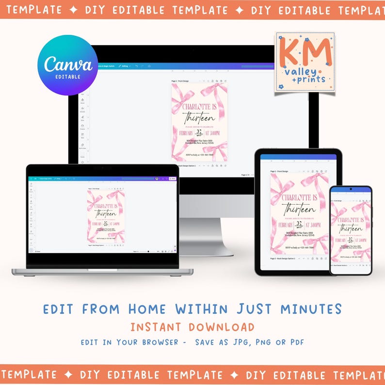 May include: Editable Canva template for a pink and white birthday invitation with the text "Charlotte is Thirteen" and a pink bow design. The template is available for instant download and can be edited in your browser and saved as a JPG, PNG, or PDF.
