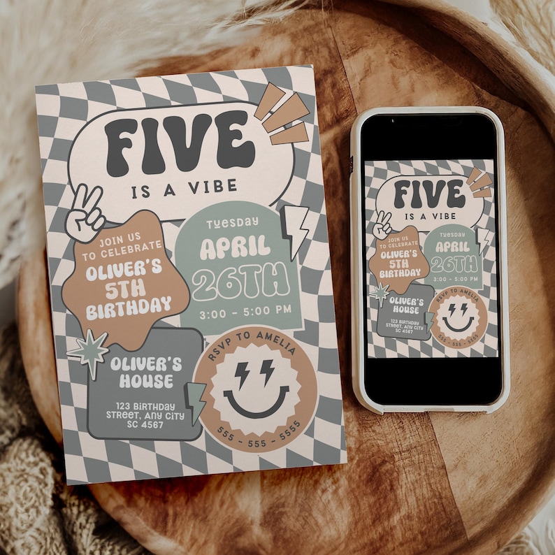May include: A birthday party invitation with a chequered background and a retro design. The invitation says "Five is a Vibe" and includes details for Oliver's 5th birthday party on Tuesday, April 26th from 3:00 to 5:00 PM at Oliver's House. The invitation also includes a phone number and RSVP information.