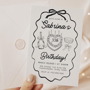 Hand Drawn Invitation Black Bow Invitation 30th Birthday Party Invite Doodle Invitation for 20th, 40th, 50th Birthday ANY AGE Invitation