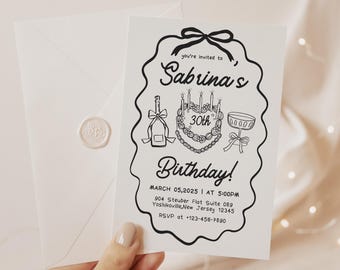 Hand Drawn Invitation Black Bow Invitation 30th Birthday Party Invite Doodle Invitation for 20th, 40th, 50th Birthday ANY AGE Invitation