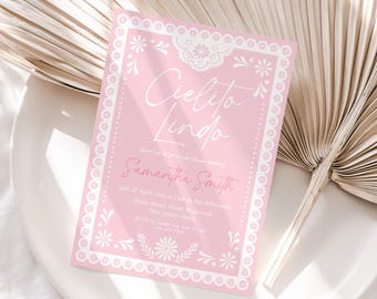 Rosa Cielito Lindo-Babyparty-Einladung Bearbeitungsbare Babyparty Talavera laden druckbare mexikanische Cielito Lindo rosa Papel Picado-Dusche ein