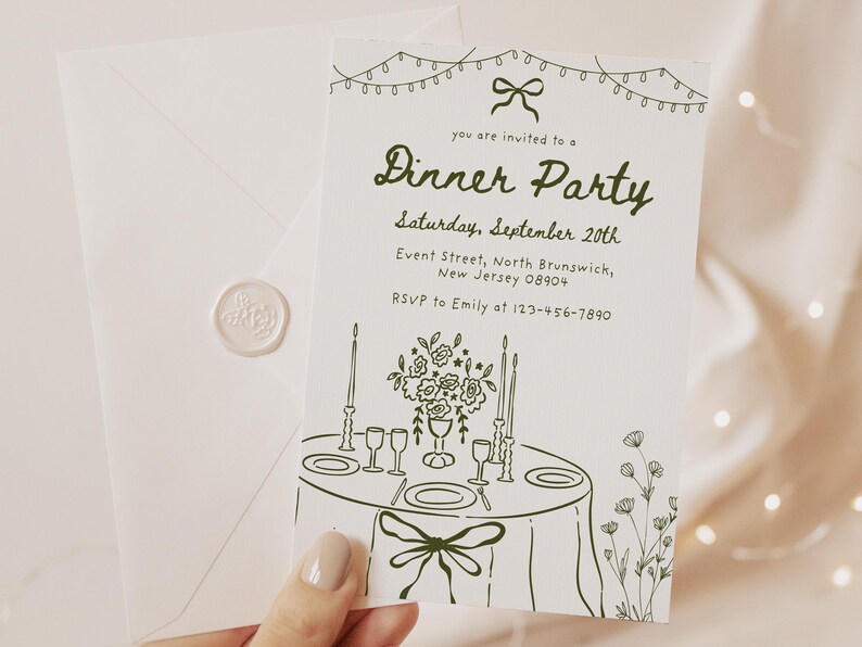 May include: A white dinner party invitation with green ink illustrations. The invitation includes the text "Dinner Party" and event details. An envelope with a wax seal is also visible.