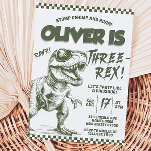May include: A green and white dinosaur birthday party invitation with the text "Stomp Chomp and Roar! Oliver is Three-Rex! Let's party like a dinosaur! Sat Aug 17 at 2pm 354 Lincoln Ave Hawthorne New Jersey 07506 RSVP to Amelia at 1213.456.7890"