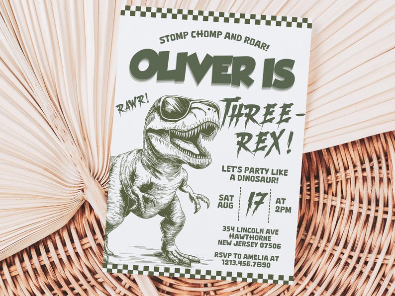 May include: A green and white dinosaur birthday party invitation with the text "Stomp Chomp and Roar! Oliver is Three-Rex! Let's party like a dinosaur! Sat Aug 17 at 2pm 354 Lincoln Ave Hawthorne New Jersey 07506 RSVP to Amelia at 1213.456.7890"