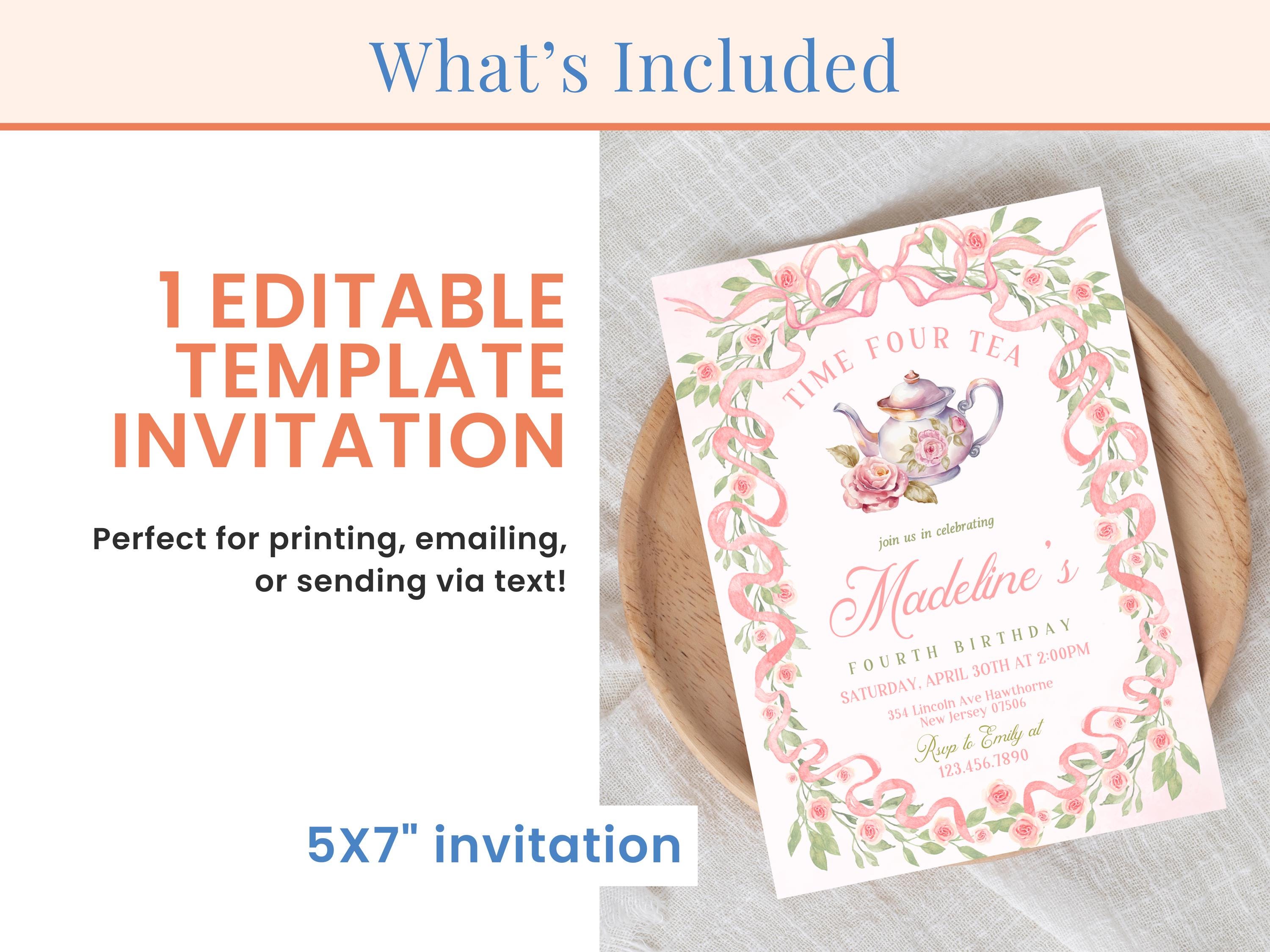 Time Four Tea Invitation Birthday Tea Invite Princess Tea Party 4th Birthday Girls Tea Invite ...