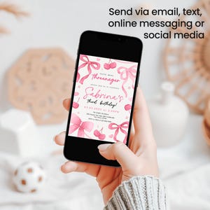 May include: A pink and white digital invitation for a girl's third birthday party. The invitation features a watercolor illustration of pink bows, cherries, and stars. The text reads "Little Miss Threenager, please join us to celebrate Sabrina's third birthday! 03.05.2025 at 2:00PM".