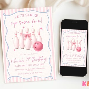 Pink Bowling Birthday Invitation Strike up Some Fun Pink Bow Bowling Girl Birthday Invite Preppy Bowling Invite Editable Canva Template image 6