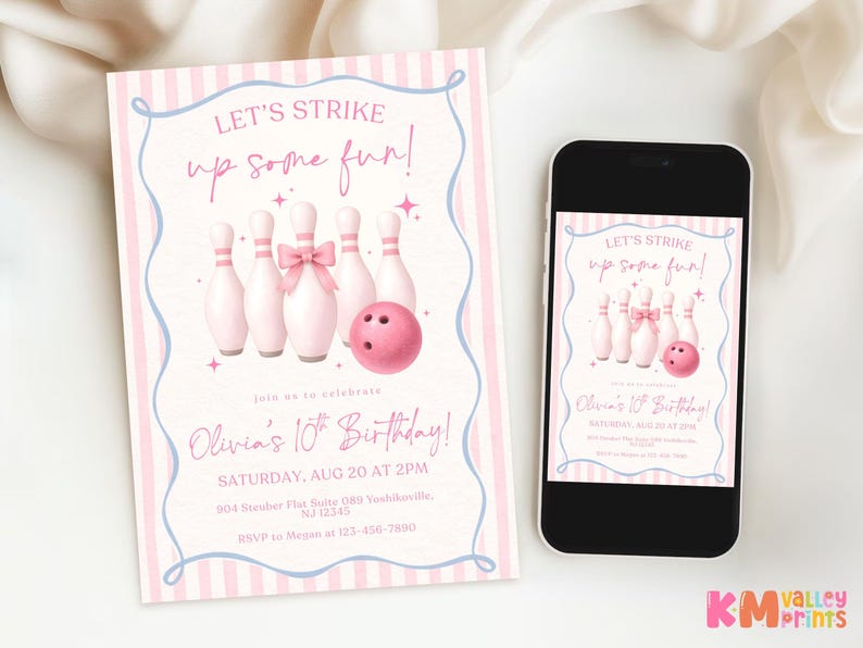 Pink Bowling Birthday Invitation Strike up Some Fun Pink Bow Bowling Girl Birthday Invite Preppy Bowling Invite Editable Canva Template image 6