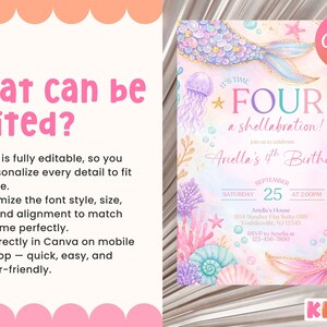 May include: A mermaid-themed birthday invitation with the text "It's Time Four a shellabration!" and "Ariella's 4th Birthday." The design features a mermaid tail, seashells, and coral in pastel colors. The invitation is editable in Canva.