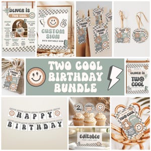 May include: A collection of party decorations with a retro theme. The items include a banner that says "Happy Birthday", cupcake toppers, signs, gift tags, and a "Two Cool Birthday Bundle" sign. The color scheme is a mix of brown, white, and light green.
