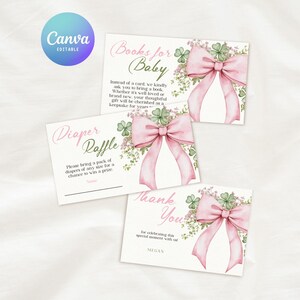 May include: Baby shower invitation cards with pink bows, shamrocks, and floral accents. The cards include text for "Books for Baby", "Diaper Raffle", and "Thank You". The Canva logo is in the upper left corner.