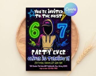 Six Seven Birthday Kids Invitation Editable Bruh Boy 7th Birthday Invite Graffiti Gen Z Alpha 6 7 Meme Birthday Invitation Digital Neon