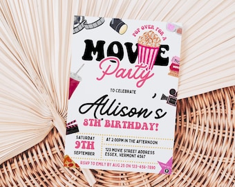 May include: A white and pink movie party invitation for Alison's 8th birthday. The invitation features a popcorn bucket, movie tickets, and a film reel. The party is on Saturday, 9th September at 2:00 PM. RSVP to Emily by 25th August on 123-456-7890.
