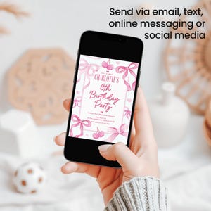 May include: A pink and white birthday invitation with a watercolor design of pink bows and cherries. The invitation says "Charlotte's 8th Birthday Party".