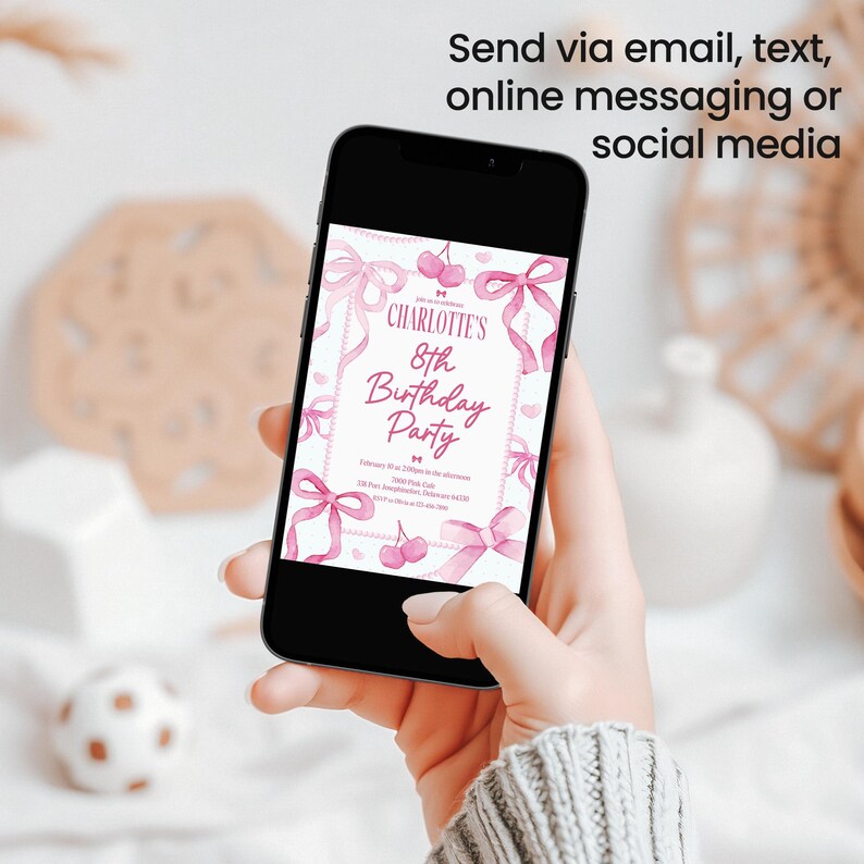 May include: A pink and white birthday invitation with a watercolor design of pink bows and cherries. The invitation says "Charlotte's 8th Birthday Party".