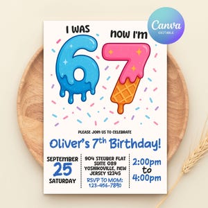 May include: A birthday invitation with the text "I was 6, now I'm 7" in a playful font. The numbers are designed as ice cream cones. The invitation reads "Oliver's 7th Birthday!" with date, time, and location details. The background has confetti.
