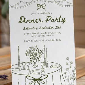 May include: White invitation card with green text and illustrations. The card reads "Dinner Party" and includes event details: Saturday, September 20th, Event Street, North Brunswick, New Jersey 08904. RSVP to Emily at 123-456-7890.