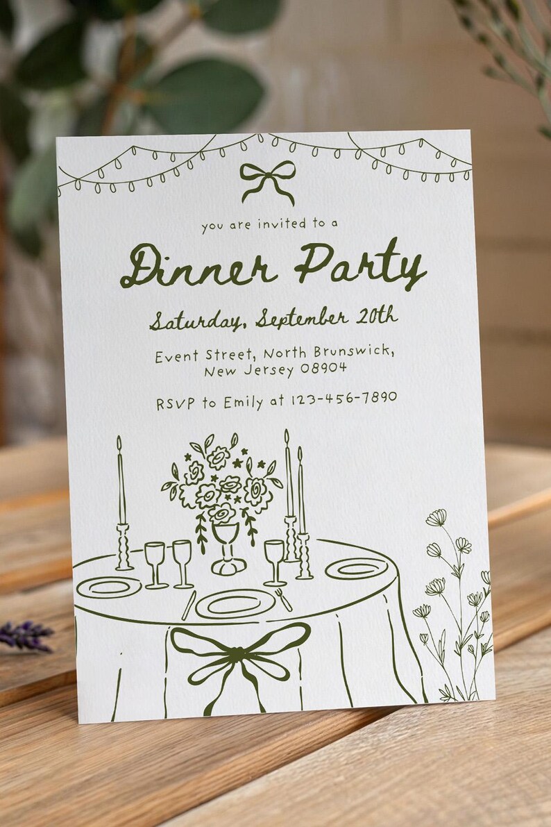 May include: White invitation card with green text and illustrations. The card reads "Dinner Party" and includes event details: Saturday, September 20th, Event Street, North Brunswick, New Jersey 08904. RSVP to Emily at 123-456-7890.
