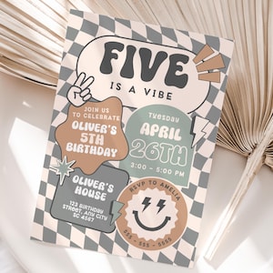 Five Is a Vibe Birthday Invitation Smiley Retro Invite 5th Birthday Boy Invite  Retro Checkered Smiley Face Invitations Canva Printable