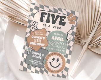 Five Is a Vibe Birthday Invitation Smiley Retro Invite 5th Birthday Boy Invite  Retro Checkered Smiley Face Invitations Canva Printable