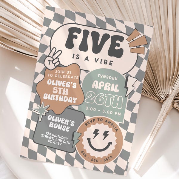Five Is a Vibe Birthday Invitation Smiley Retro Invite 5th Birthday Boy Invite  Retro Checkered Smiley Face Invitations Canva Printable