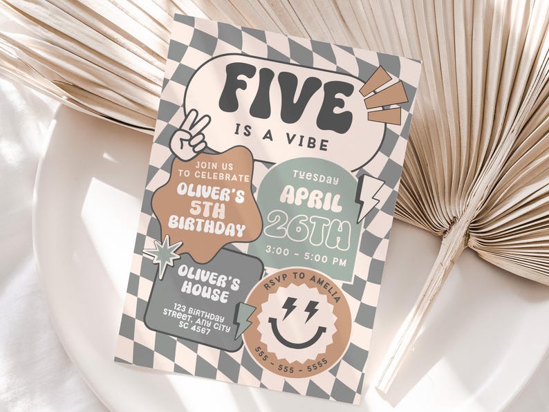 Five Is a Vibe Birthday Invitation Smiley Retro Invite 5th Birthday Boy Invite Retro Checkered Smiley Face Invitations Canva Printable image 1
