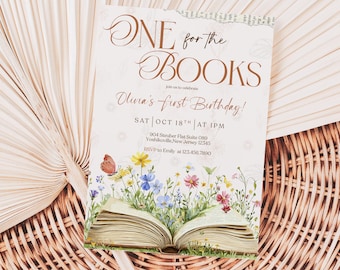 One for The Books Einladung Bearbeitbares Erstes Geburtstagsbuch Invite 1st Birthday Buchvorlage Druckbares Kapitel Eins Geburtstags-Wildblumenbücher