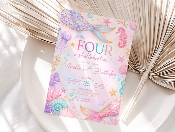 Mermaid 4th Birthday Invitation Editable Mermaid Bash Under the Sea Invite Girl Fourth Birthday Invitation Mermaid Bash Party Canva Template