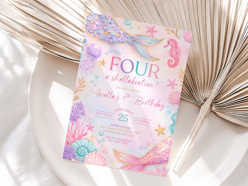 Mermaid 4th Birthday Invitation Editable Mermaid Bash Under the Sea Invite Girl Fourth Birthday Invitation Mermaid Bash Party Canva Template image 1