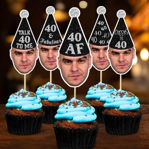 40th Birthday Custom Face Cupcake Toppers Personalized Black Silver Party Hat Cupcake Face Topper 40th Birthday Decor Digital File PH2