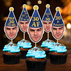 Party Hats Face for Men&#39;s 30th Birthday Custom Face Cupcake Toppers Personalized Blue Gold Party Hat Face Topper 30th Digital File PH4