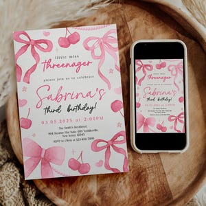 May include: Pink and white birthday invitation with watercolor bows, cherries, and stars. The invitation reads "little miss threenager Sabrina's third birthday!" with the date and time of the party.