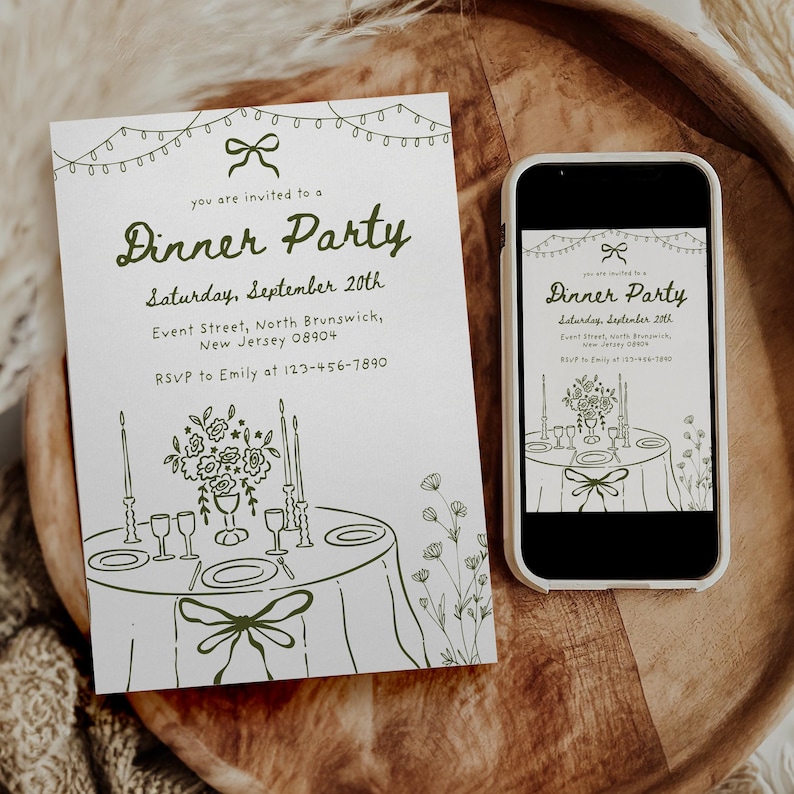 May include: A white invitation card with green text and illustrations for a dinner party. The card includes the text "Dinner Party", date, location, and RSVP information. A smartphone displays the same invitation.