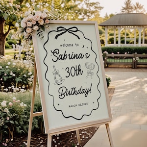 Bow Welcome Sign Hand Drawn Any Age Birthday Party Minimalist Trendy Party Sign Doodle Design Black Bow for 30th, 40th, 50th Birthday