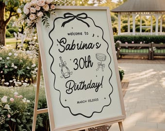 Bow Welcome Sign Hand Drawn Any Age Birthday Party Minimalist Trendy Party Sign Doodle Design Black Bow for 30th, 40th, 50th Birthday