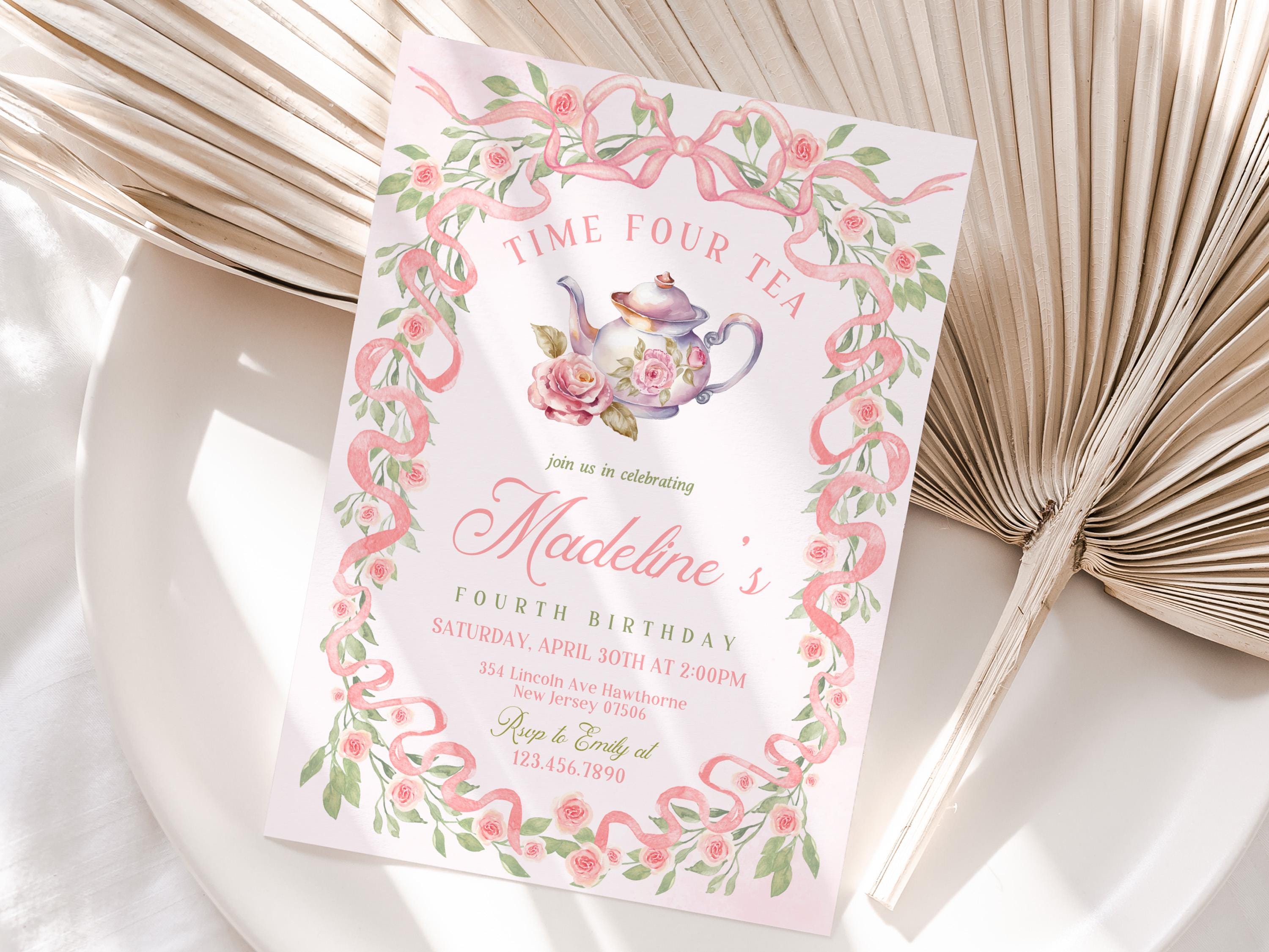 Time Four Tea Invitation Birthday Tea Invite Princess Tea Party 4th Birthday Girls Tea Invite ...