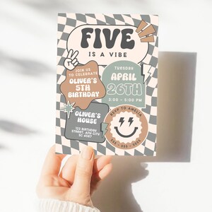 May include: A colourful invitation with a chequered background. The invitation is for Oliver's 5th birthday party. The text reads "Five is a Vibe" and includes the date and time of the party. The invitation also includes a smiley face with lightning bolts and the address of the party.
