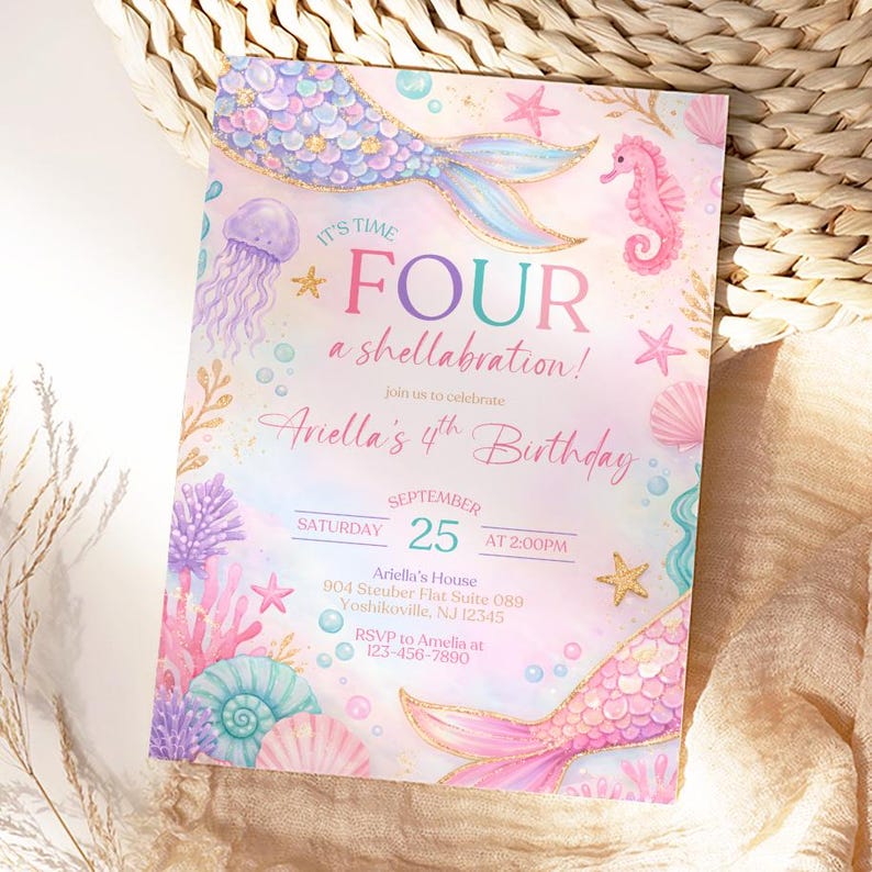 May include: A mermaid-themed birthday invitation with a pastel color scheme. The invitation reads "It's Time Four a shellabration!" and includes the text "Ariella's 4th Birthday". The design features mermaid tails, seahorses, and seashells.