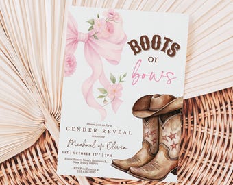 Boots or Bows Gender Reveal Invitation Editable He or She Invites Template Boy or Girl Invite Printable Gender Reveal Bow Boot or Bow Party