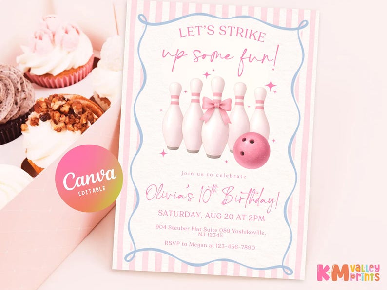 Pink Bowling Birthday Invitation Strike up Some Fun Pink Bow Bowling Girl Birthday Invite Preppy Bowling Invite Editable Canva Template image 2