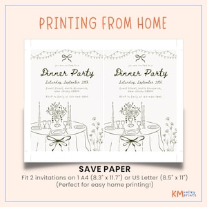 May include: Two white dinner party invitations with a hand-drawn design. The invitations include text that reads "Dinner Party" and event details. The invitations are designed to fit two per A4 (8.3" x 11.7") or US Letter (8.5" x 11") sheet.
