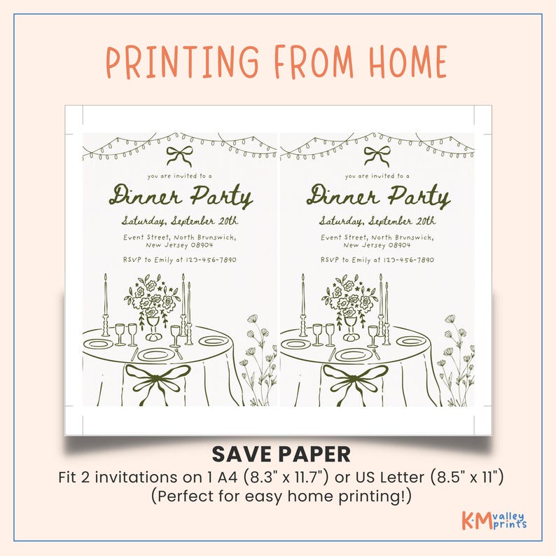 May include: Two white dinner party invitations with a hand-drawn design. The invitations include text that reads "Dinner Party" and event details. The invitations are designed to fit two per A4 (8.3" x 11.7") or US Letter (8.5" x 11") sheet.