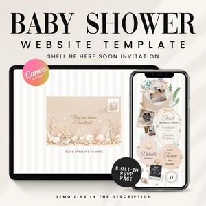 May include: A digital baby shower website template displayed on a tablet and smartphone. The design features a seashell theme with the text "BABY SHOWER WEBSITE TEMPLATE" and "SHELL BE HERE SOON INVITATION". The tablet shows an invitation with seashells.