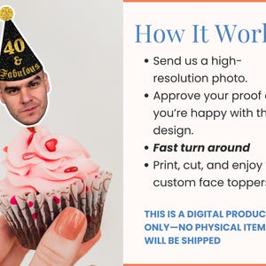 40th Birthday Custom Face Cupcake Toppers Personalized Black Gold Party Hat Cupcake Face Topper 40th Birthday Decor Digital File PH2 image 2