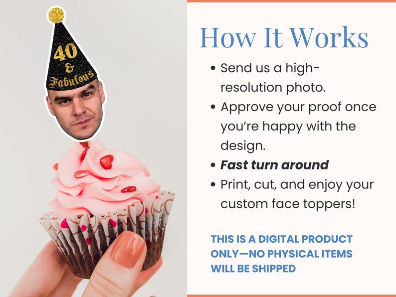 40th Birthday Custom Face Cupcake Toppers Personalized Black Gold Party Hat Cupcake Face Topper 40th Birthday Decor Digital File PH2 image 2