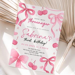 3rd Birthday Girl Invite Bow Invitation Little Miss Threenager Third Birthday Girl Invitation Coquette Birthday Girly Invitation Pink Bows